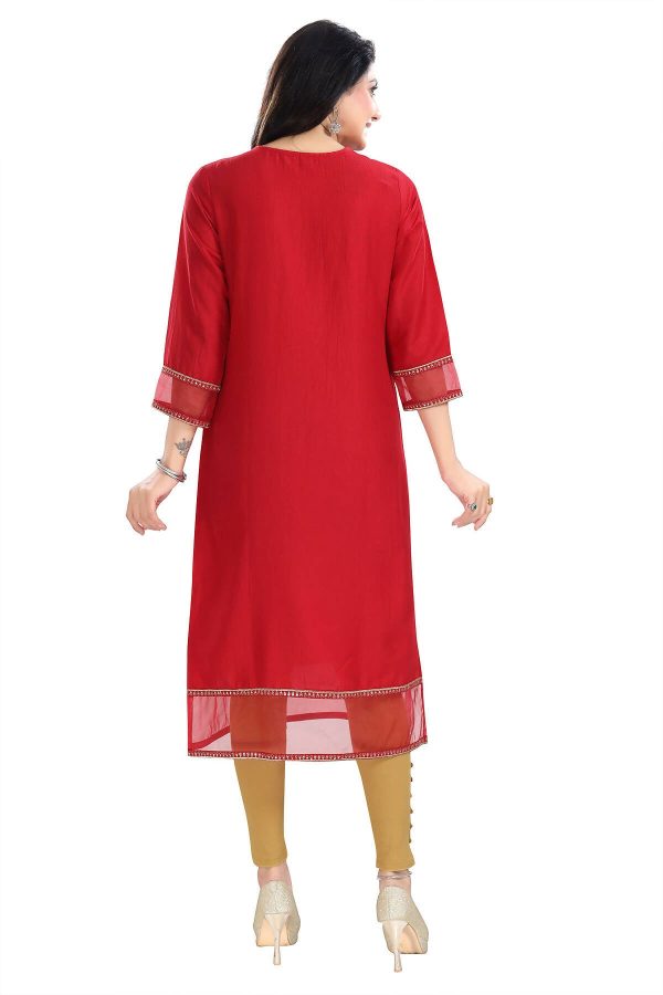 Snehal Creations Mighty Red Art Silk Designer Long Kurti Tunic With Zari Embroidery Online