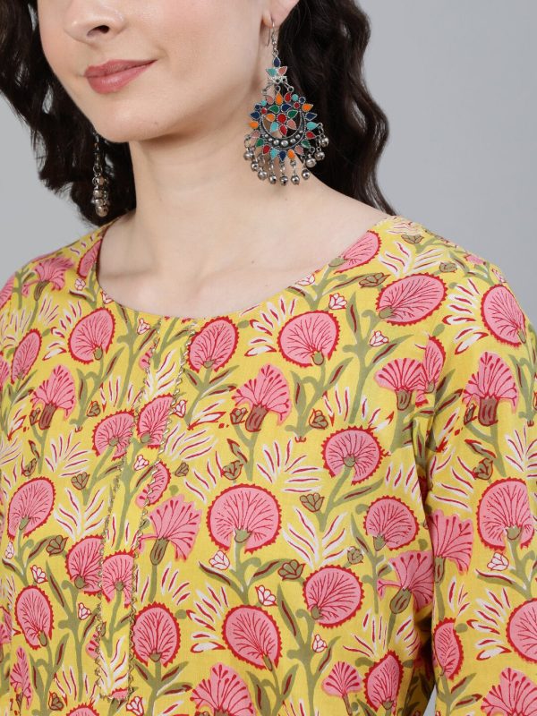 Jaipur Kurti Women Yellow Ethnic Motifs Printed Regular Pure Cotton Kurta with Trousers & With Dupatta Online Sale