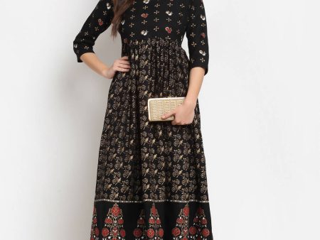 Rudra Bazaar Floral Printed A-Line Flared Black Kurti For Sale