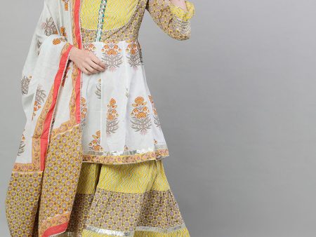 Ishin Women Mustard Yellow & Grey Printed Kurti with Skirt & Dupatta For Cheap