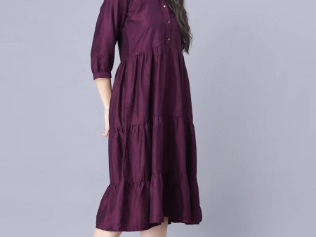 Myshka Silk Solid 3 4 Sleeve V Neck Purple Women Dress Hot on Sale