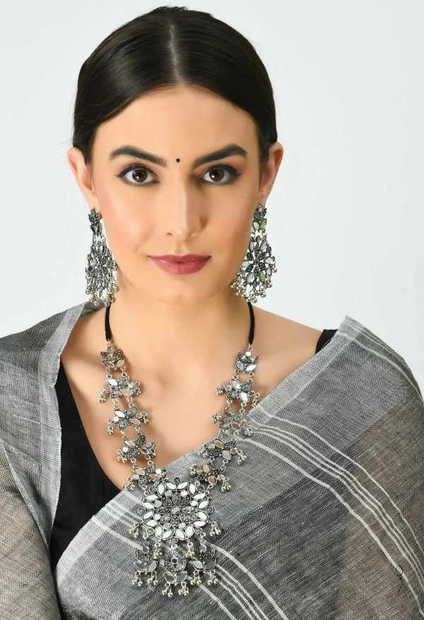 Mominos Fashion Johar Kamal Oxidised Silver-Plated Mirror Work Long Necklace Set For Sale