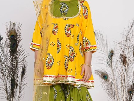 Little Bansi Girls Cotton Floral Kurta with Frill Sharara & Dupatta - Yellow & Green Supply