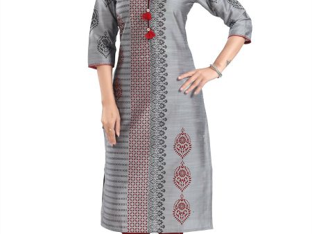 Snehal Creations Grey Raw Silk Block Print Long Kurta For Women Sale