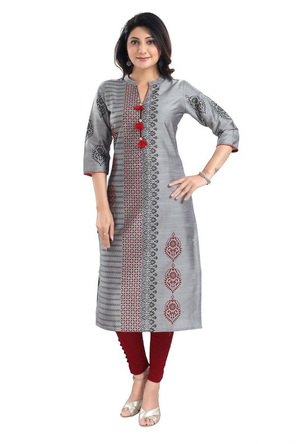 Snehal Creations Grey Raw Silk Block Print Long Kurta For Women Sale