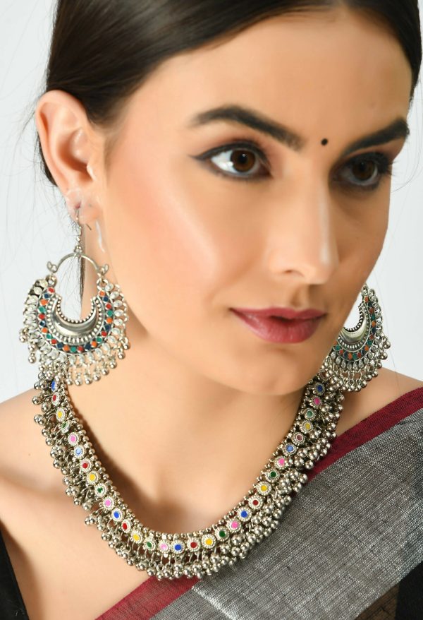 Mominos Fashion Johar Kamal Oxidised Silver-Plated Meena Work Choker Set For Discount