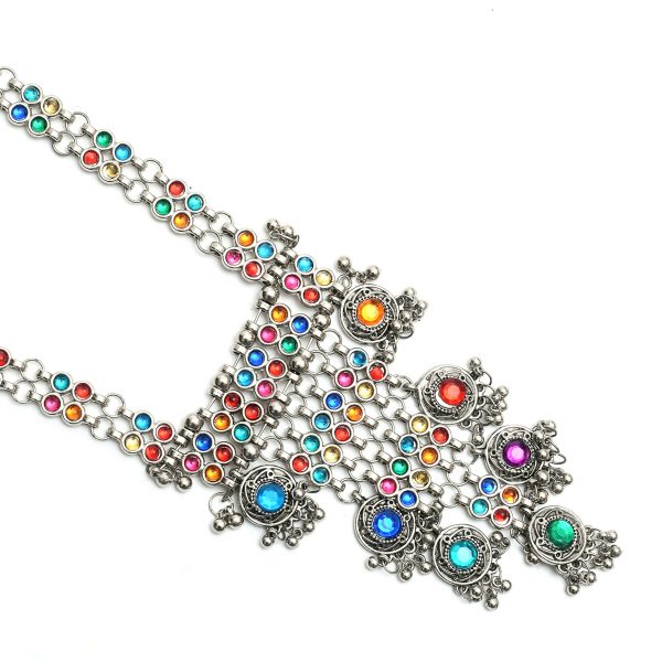 Mominos Fashion Johar Kamal Oxidised Silver-Plated Brass Finish Multi Kundan Afghani Long Necklace For Women Online now