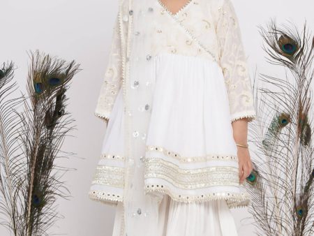 Little Bansi Girls Cotton Floral Embroidery & Lacework Kurta with Sharara & Dupatta - White on Sale