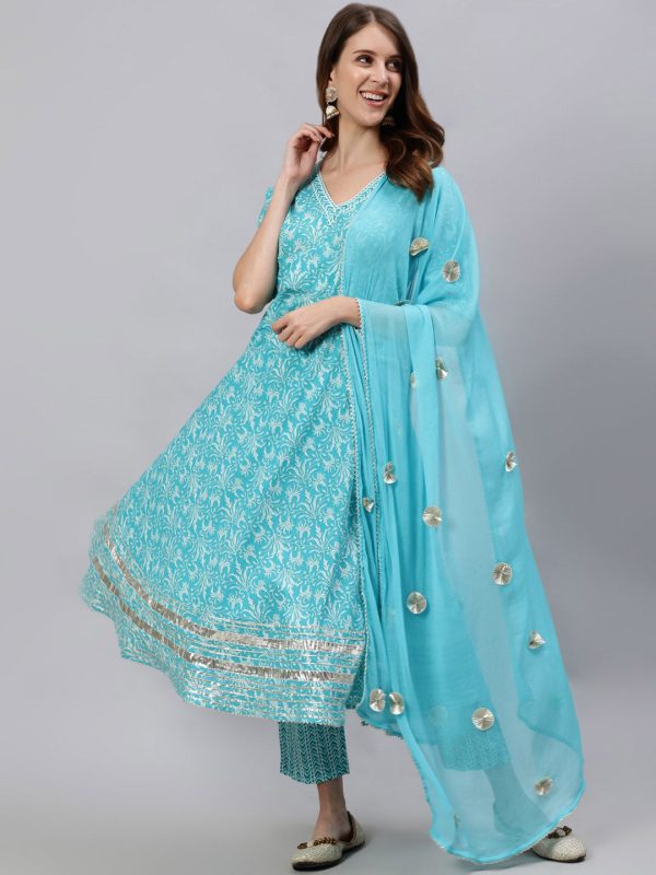 Jaipur Kurti Women Turquoise Blue Floral Printed Regular Kurta With Trousers & Dupatta For Discount