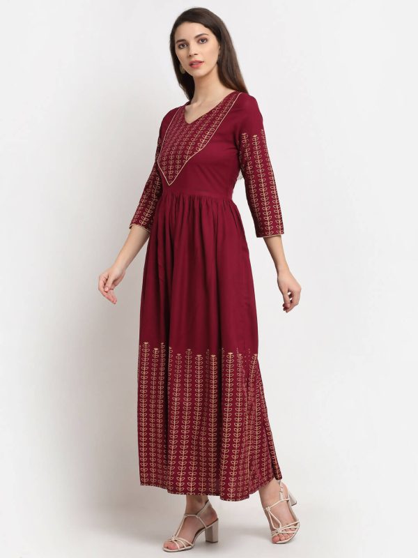 Rudra bazaar Gold Printed A-line flared Maroon Kurti Online