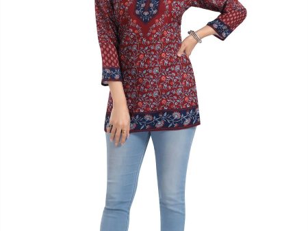 Snehal Creations Magical Maroon Summer Cool Printed Short Kurti Tunic Top For Sale