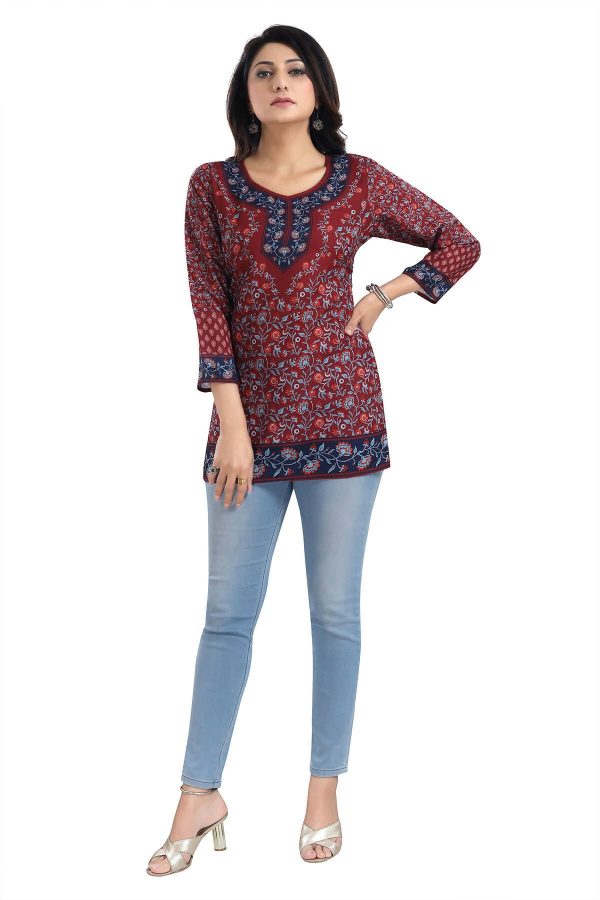 Snehal Creations Magical Maroon Summer Cool Printed Short Kurti Tunic Top For Sale