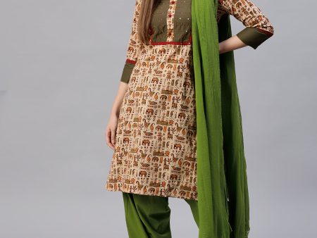 Jaipur Kurti Women Beige & Green Printed Kurta with Salwar & Dupatta For Sale