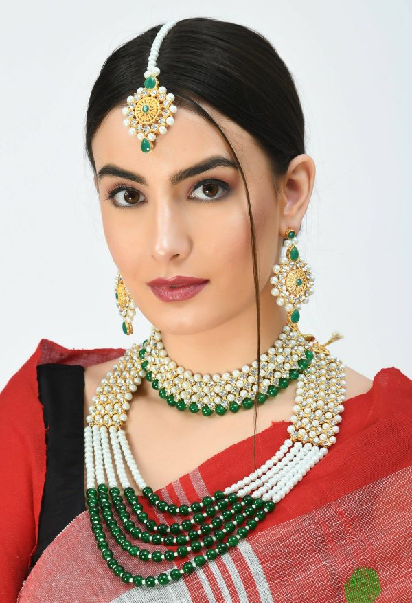 Mominos Fashion Johar Kamal Gold-Plated Rani Haar with Cream Green and Off white Pearls Jewellery Set For Discount