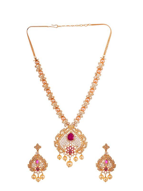 Saraf RS Jewellery Gold-Plated White & Pink American Diamond Studded & Beaded Handcrafted Jewellery Set on Sale