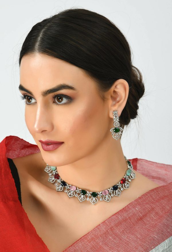 Mominos Fashion Johar Kamal Silver-Plated American Diamond Multi Colour Choker Set For Sale