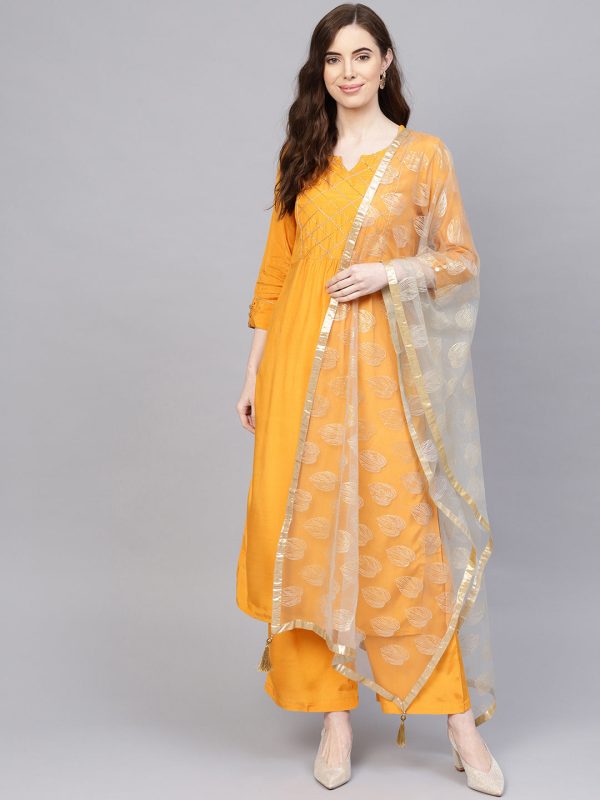 Jaipur Kurti Women Mustard Yellow & Grey Yoke Design Kurta with Palazzos & Dupatta Supply