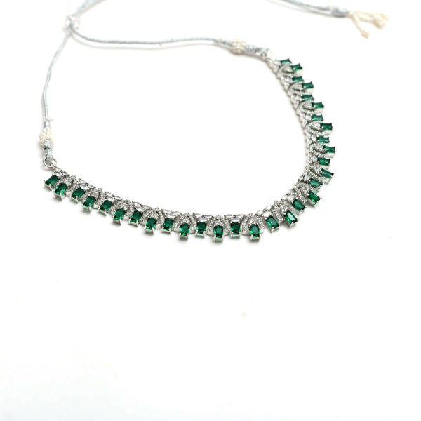 Mominos Fashion Johar Kamal Silver-Plated American Diamond Green Choker Set For Sale