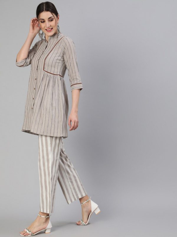 Jaipur Kurti Women Grey Striped Co-Ords Online Hot Sale