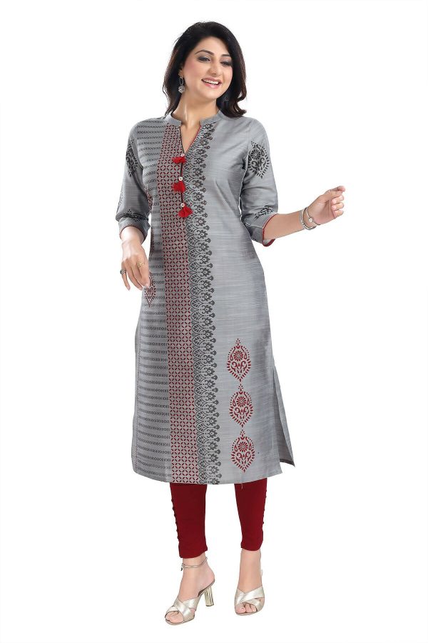 Snehal Creations Grey Raw Silk Block Print Long Kurta For Women Sale