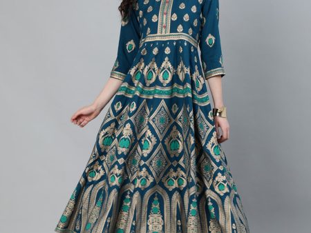 Jaipur Kurti Women Turquoise Blue & Gold Ethnic Motifs Printed Handloom Anarkali Kurta Online Sale