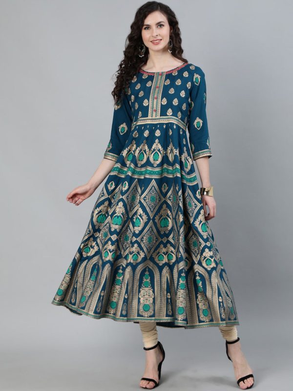 Jaipur Kurti Women Turquoise Blue & Gold Ethnic Motifs Printed Handloom Anarkali Kurta Online Sale