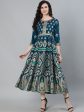 Jaipur Kurti Women Turquoise Blue & Gold Ethnic Motifs Printed Handloom Anarkali Kurta Online Sale