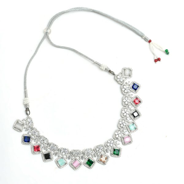 Mominos Fashion Johar Kamal Women Silver-Plated American Diamond Multi Colour Choker Set on Sale