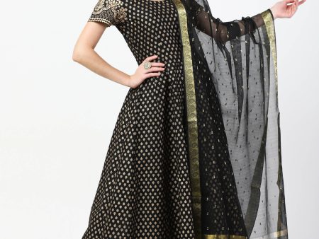 Cheera Women s Black Cotton Hand Block Print Long Dress With Silk Dupatta Set Cheap