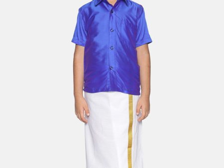 Sethukrishna Boys Blue & White Solid Shirt and Dhoti Set Discount