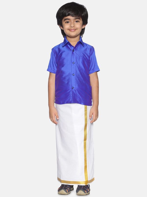 Sethukrishna Boys Blue & White Solid Shirt and Dhoti Set Discount