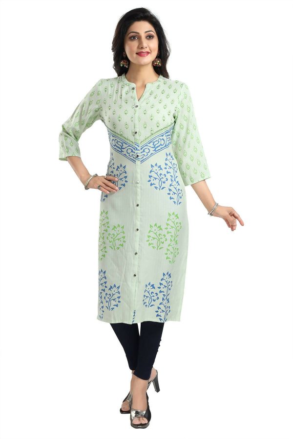 Snehal Creations Green Rayon Textured Print Long Kurta For Women For Sale