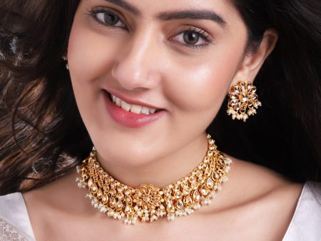 Rubans Gold-Plated & White Kundan Studded Pearl Choker Handcrafted Set With Maangtikka Supply