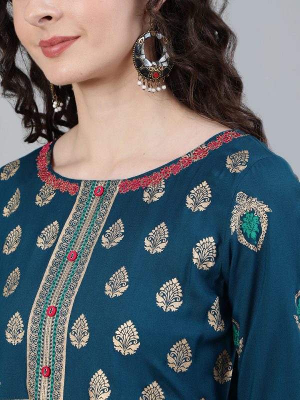 Jaipur Kurti Women Turquoise Blue & Gold Ethnic Motifs Printed Handloom Anarkali Kurta Online Sale