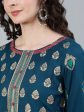 Jaipur Kurti Women Turquoise Blue & Gold Ethnic Motifs Printed Handloom Anarkali Kurta Online Sale