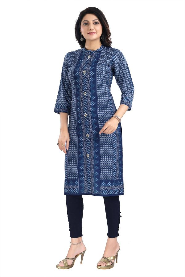 Snehal Creations Blue Designer Digital Print Cotton Slub Fabric Long Kurti Tunic For Sale