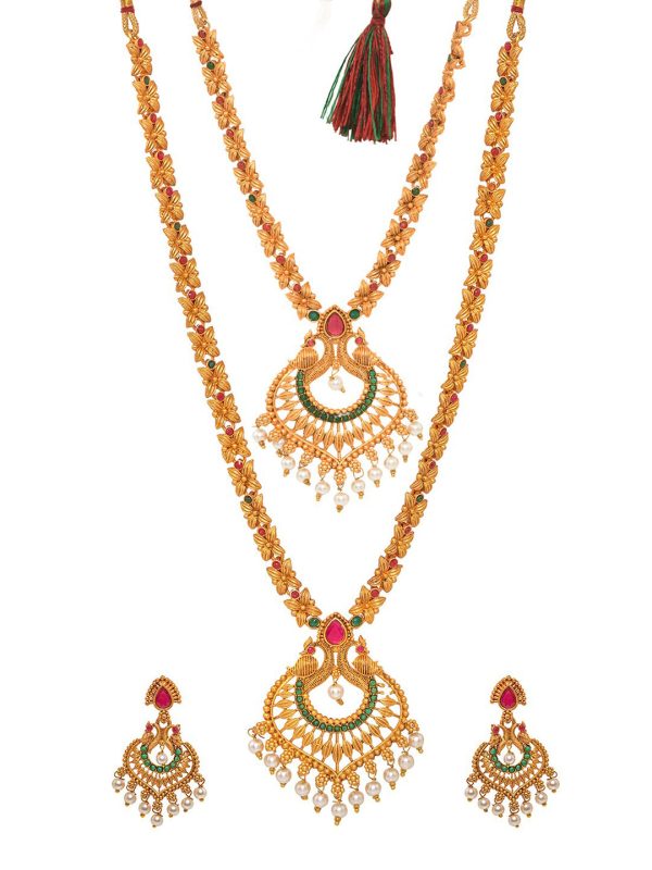 Saraf RS Jewellery Gold-Plated Red & Green Bridal Temple Jewellery Set Online Sale