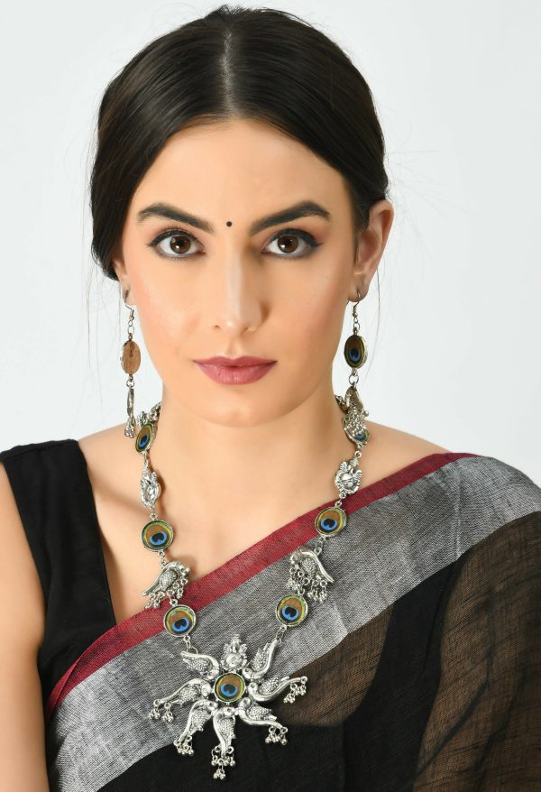 Mominos Fashion Johar Kamal Oxidised Silver-Plated Brass Finish Peacock Design Long Necklace Set For Women Online Sale