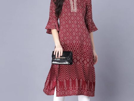 Myshka Silk Printed 3 4 Sleeve Round Maroon Women Kurta For Discount