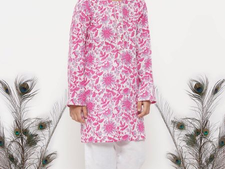 Little Bansi Boys Cotton Floral Kurta with Pearl Buttons & Pyjama in Pink & Cream Sale