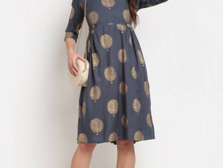 Rudra Bazaar Gold Boota Printed Grey Kurti For Discount