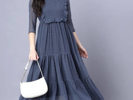 Myshka Georgette Solid 3 4 Sleeve Round Dark Grey Women Dress Online Hot Sale