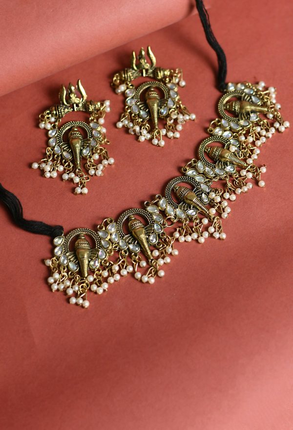 Mominos Fashion Johar Kamal Oxidised Gold-Plated Ganesha Design Necklace Choker Set Discount