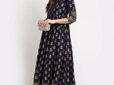 Rudra Bazaar Gold Printed A-Line Blue Kurti Sale