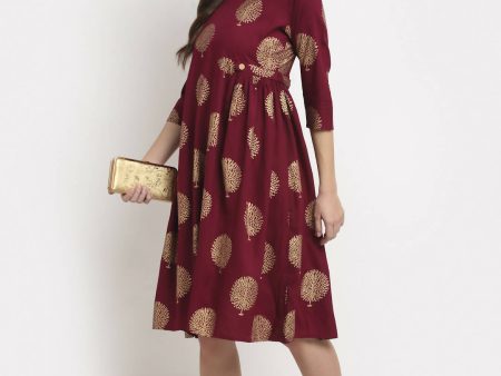 Rudra Bazaar Gold Boota Printed Wine Kurti Online Hot Sale