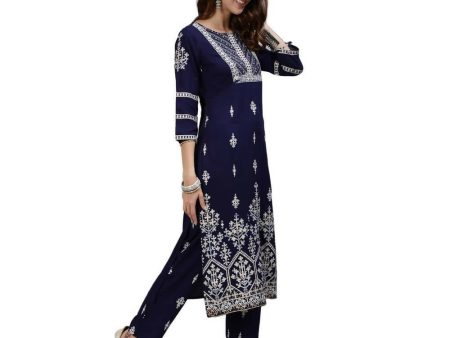 Anubhutee Women s Rayon Floral Embroidered Regular Navy Blue Kurta Set For Discount