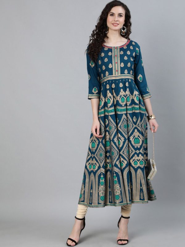 Jaipur Kurti Women Turquoise Blue & Gold Ethnic Motifs Printed Handloom Anarkali Kurta Online Sale