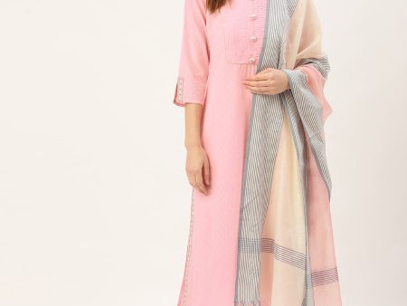 Jaipur Kurti Women Pink & Grey Dobby Weave Kurta with Palazzos & Dupatta Fashion