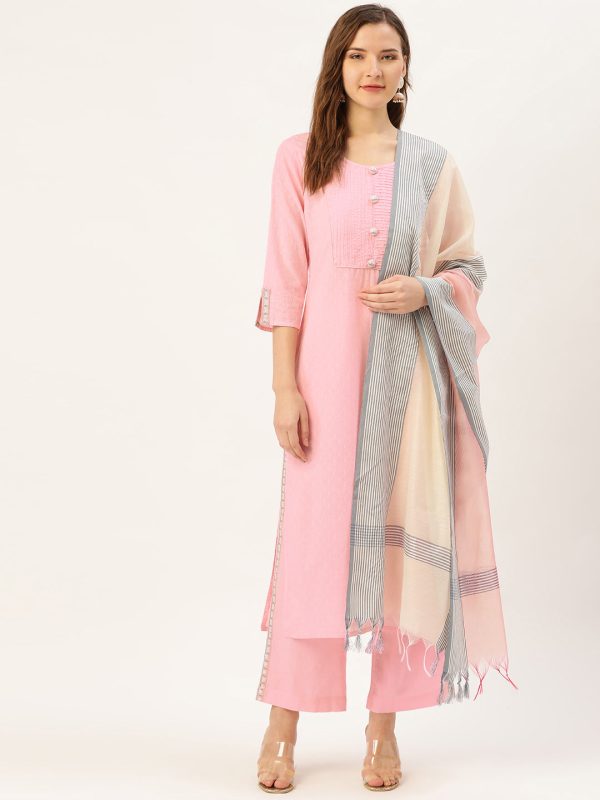 Jaipur Kurti Women Pink & Grey Dobby Weave Kurta with Palazzos & Dupatta Fashion