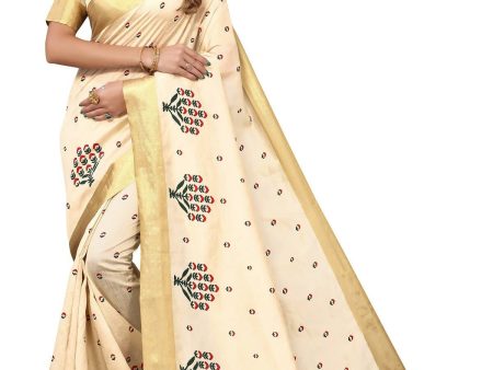 Vamika Cream Weaving Cotton Polyester Silk Saree For Discount